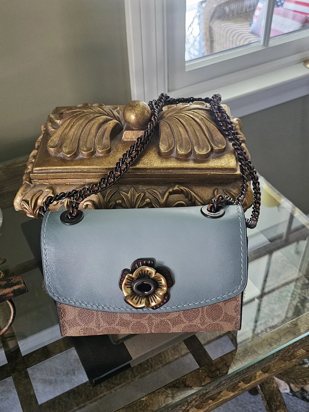 Coach Blue Leather Flap Signature Canvas Crossbody with Floral Turnlock